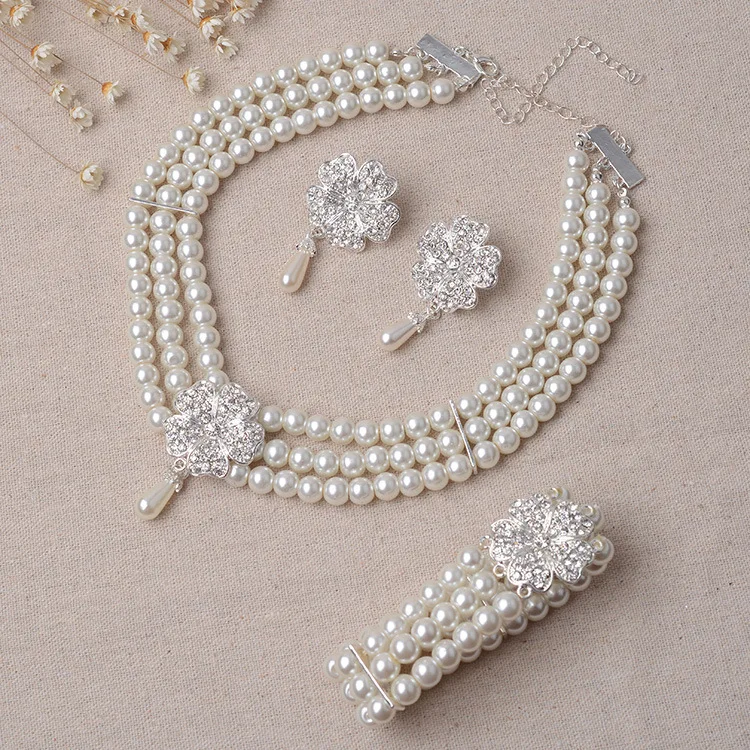 White Pearl jewelry Necklace Earrings Bracelet Bride Jewelry Set