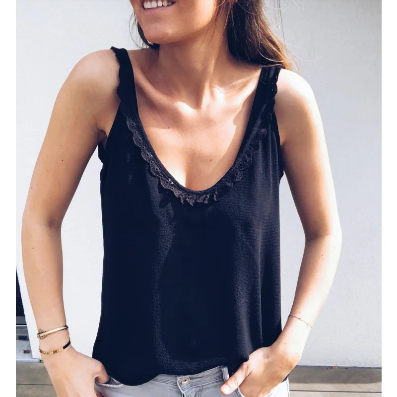
Women Casual Loose Summer Top Lace Sleeveless Blouse Breathable Basic Vest loungewear Solid debardeur femme camisetas mujer 