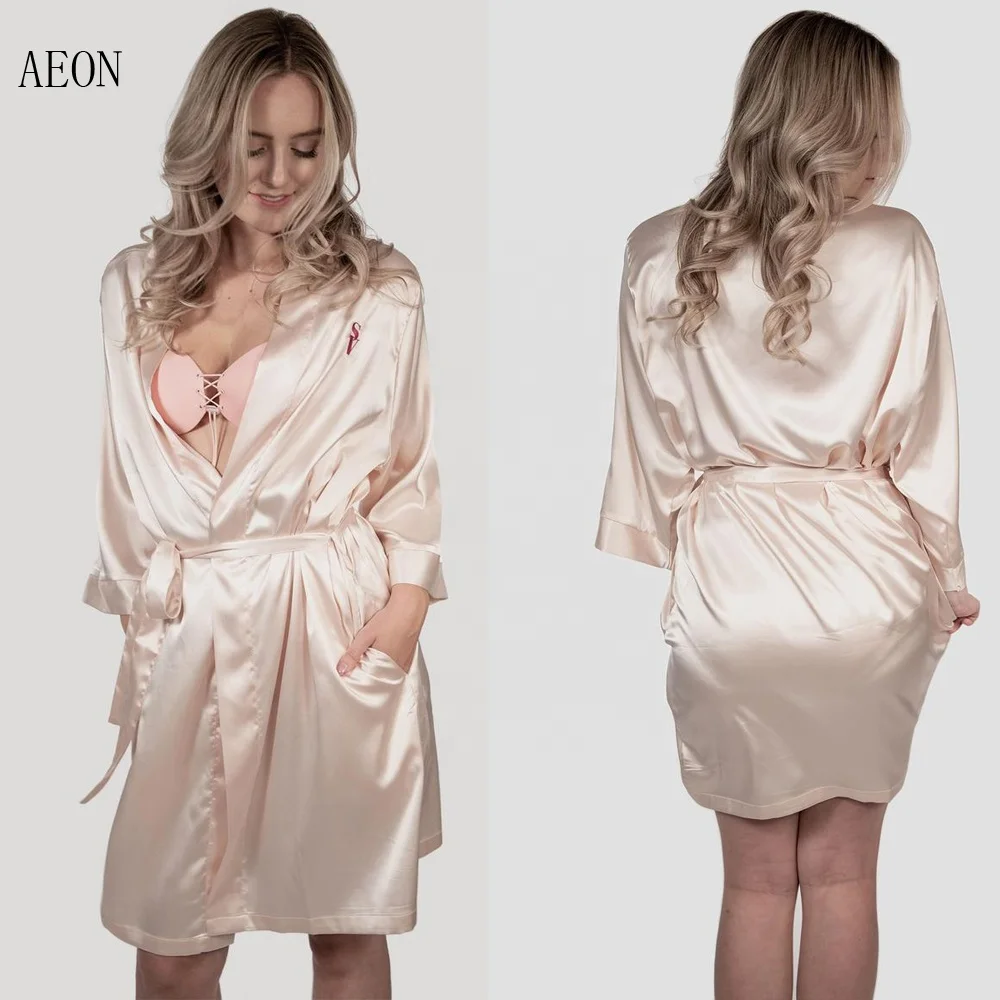
Women personalized soft satin robe with logos short Solid silk night sleeping robe 