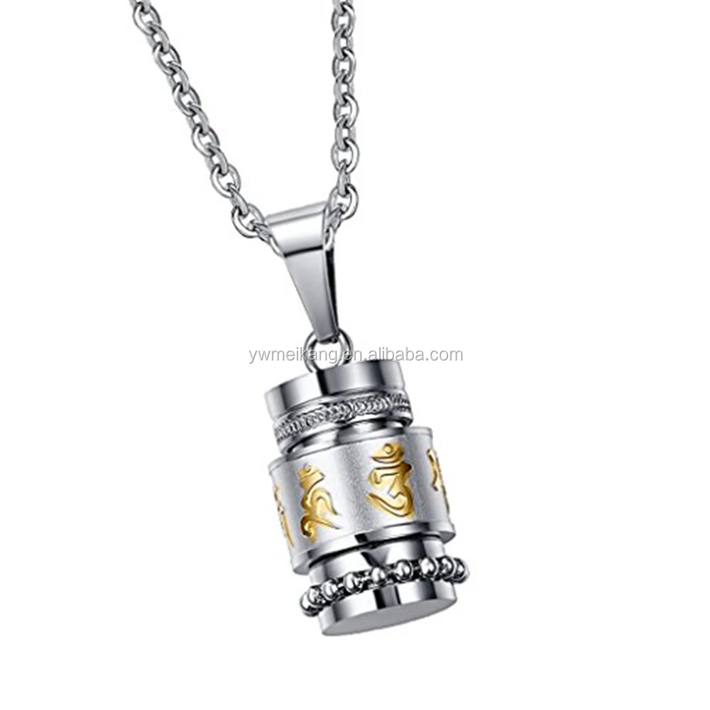 Stainless Steel Cremation Jewelry Drum Bottle with Gold Plating Om Mani Padme Hum Pendant Memorial Urn Chain Necklace