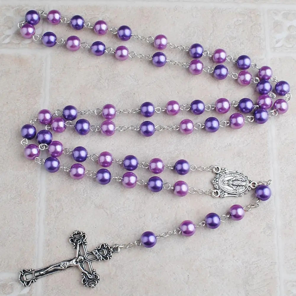 8mm Pink and Purple Glass Pearl Beads Catholic Rosary with Gift Box Factory Custom Religious Items Jewelry Necklaces