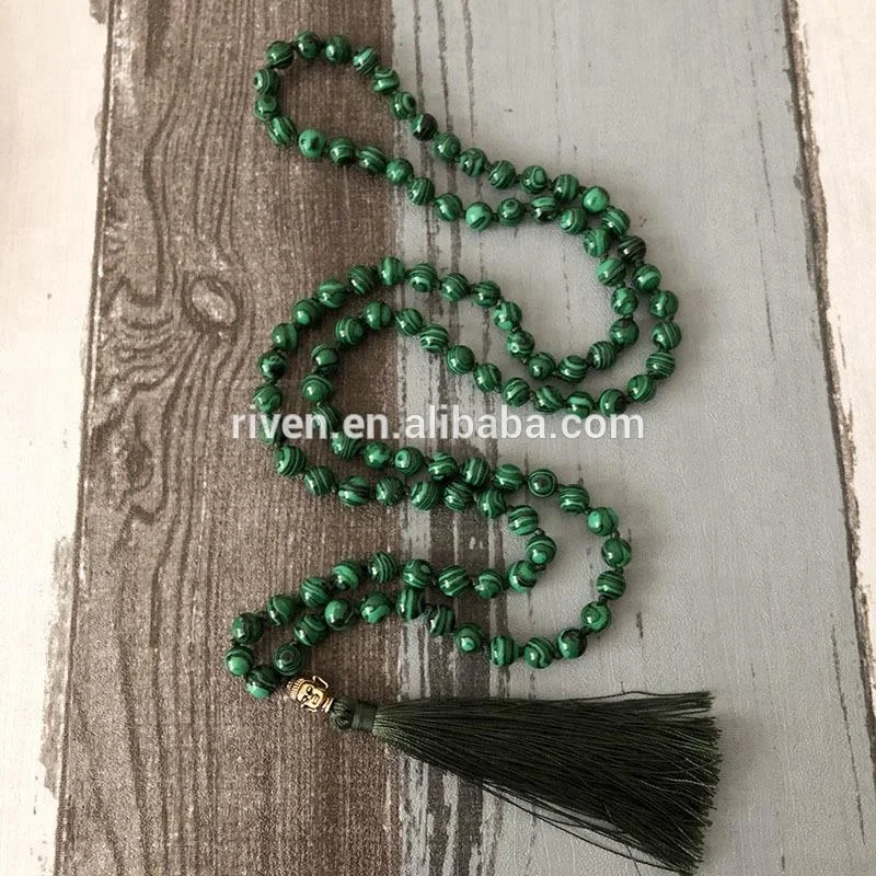 ST0447 Green Malachite Mala 108 Beads Buddha Prayer Beads Meditation Tassel Mala Hand Knotted Necklace