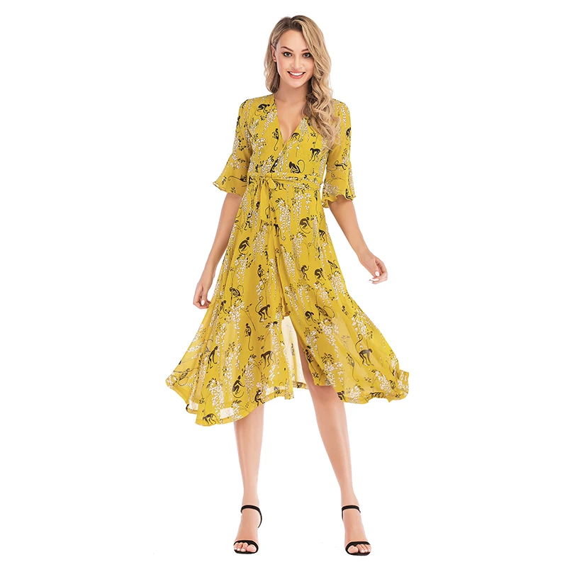 New Fashion Spring Casual Dress Flower Printed Short Sleeve Ruffle Wrap Beach Dress