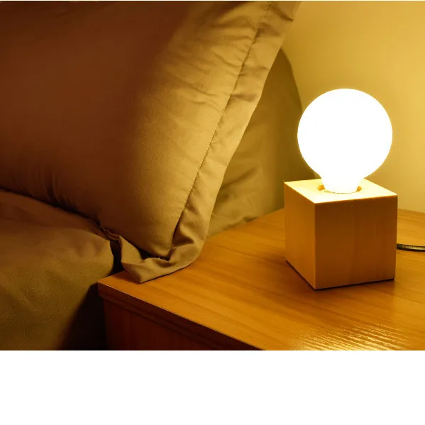 Tonghua Vintage Cubic Natural Wood Filament Light with Bulb Holder E26 E27 Retro Bedroom Table Lamp Desk Light