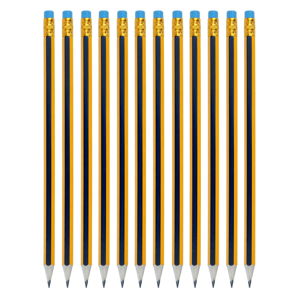 2022 China Custom Logo Promotional Stripes HB Wooden Pencil with Eraser Topper