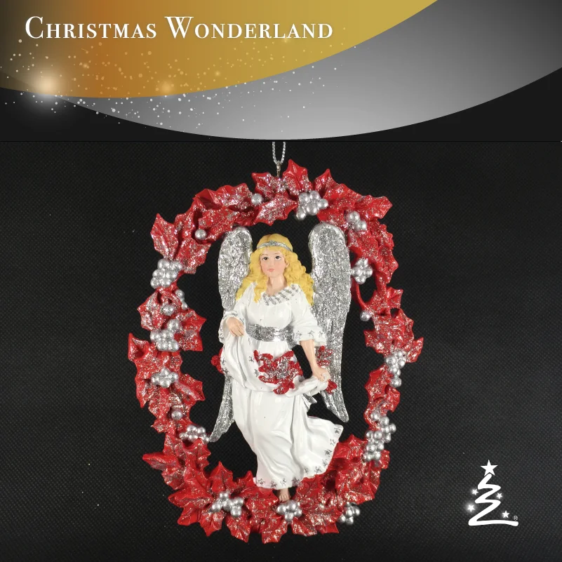 Смола Рождественский красный венок ангелы статуя серебряное крыло дерево Орнамент