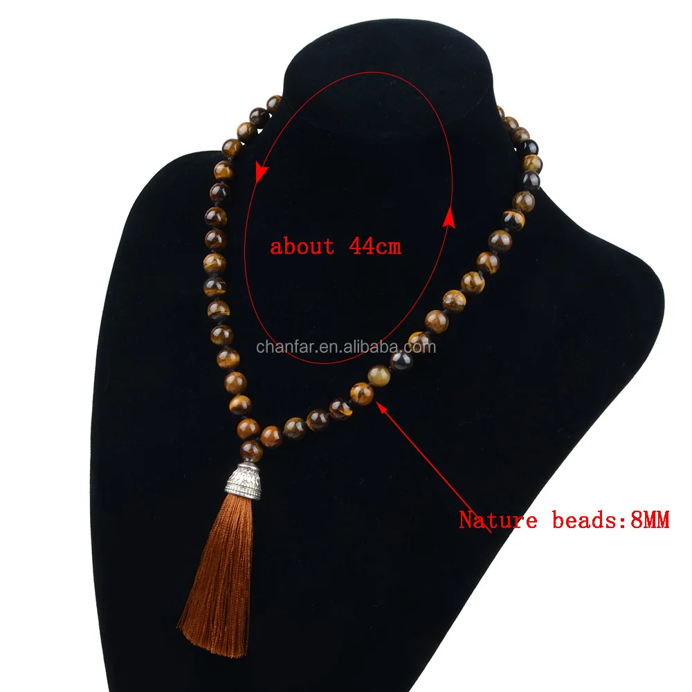 Chanfar Bohemian Long Tassel Pendant  with 8mm Tiger Eye Turquoise Agate Beads Natural Stone Statement Necklace for Women