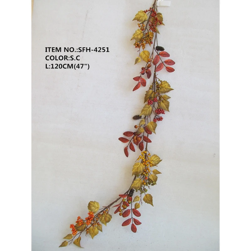 120CM Artificial Pumpkin Orange and Green Maple Leaves and Berry Fall Archway Wreath Garland