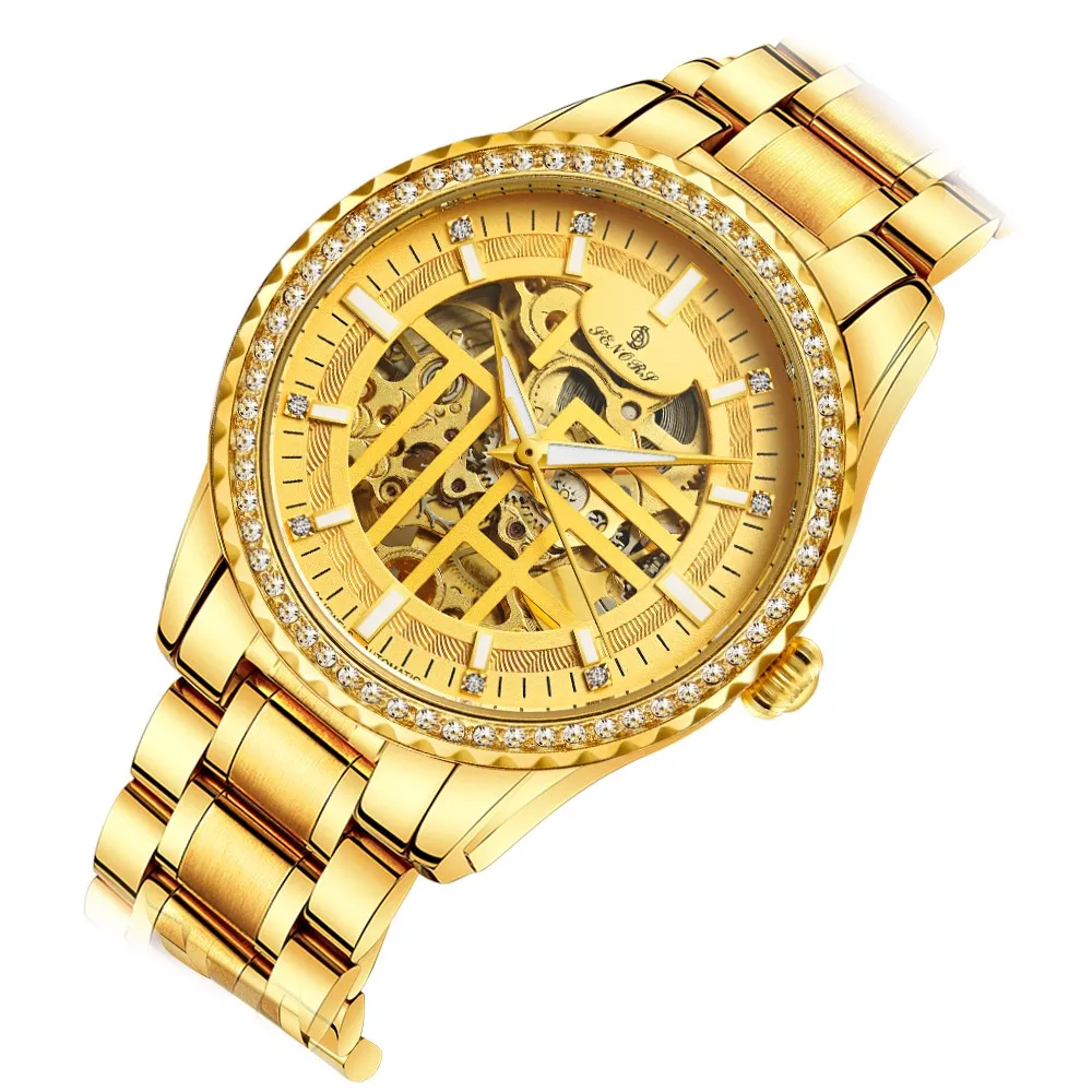 SENORS SN087 Luxury IP plating Custom Logo Watch Full Gold Automatic Skeleton Mechanical Male Wrist Watch 3 ATM Waterproof