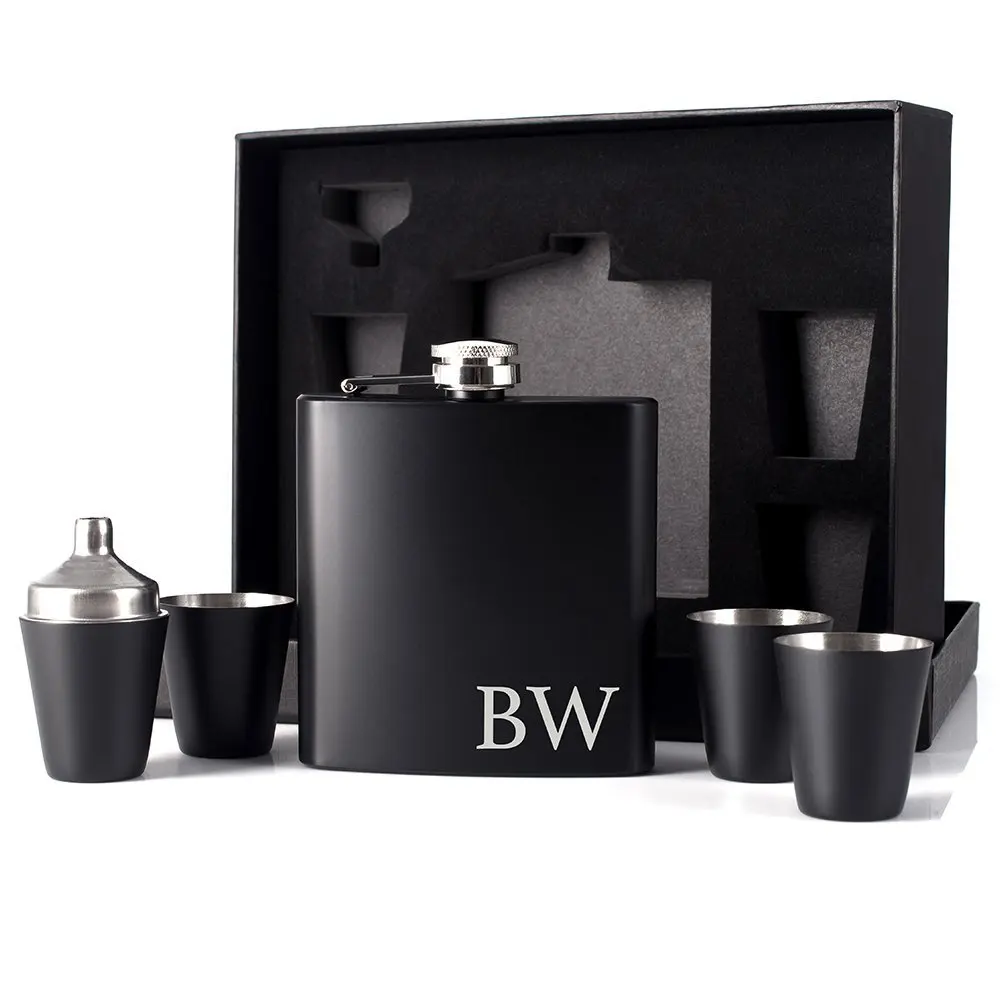 Индивидуальные выгравированы черный цвет 6 унций нержавеющей стали стакан для виски фляжка с выстрел стекло подарочный набор