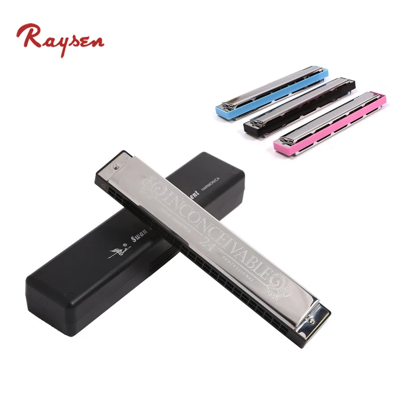 
SWAN 24 Hole Tremolo Harmonica C Key Polyphony Harmonica for kids beginners pink blue silver 