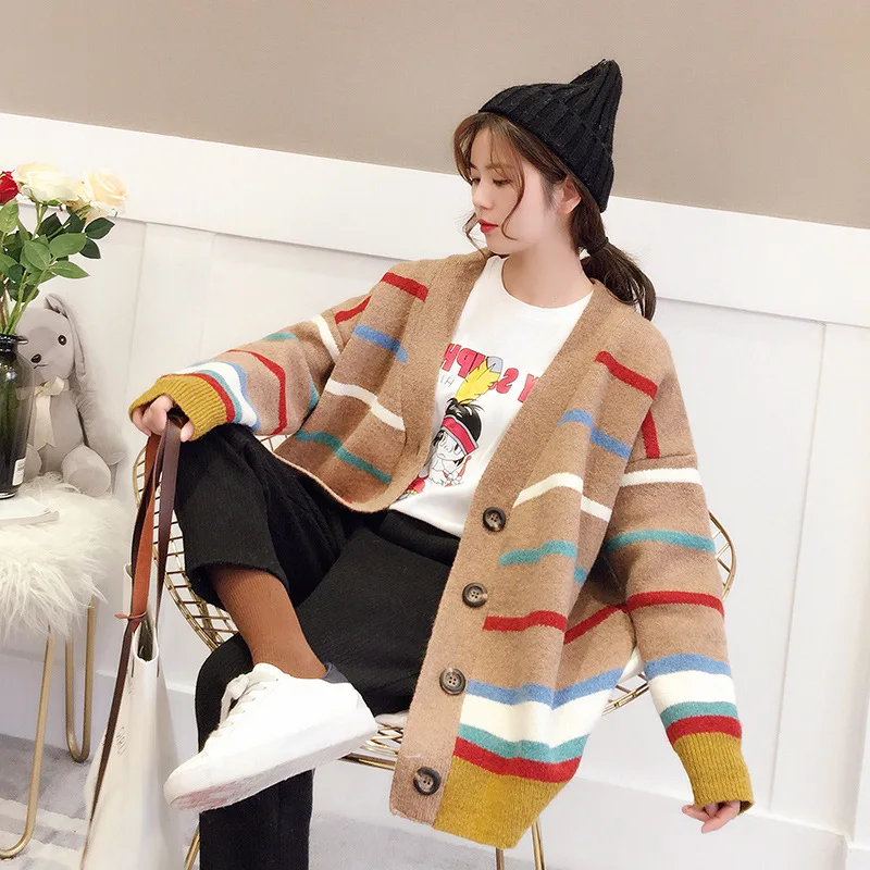 spring autumn casual v-neck front open buttons up rainbow stripe ladies cardigan sweater winter women knitted loose coat