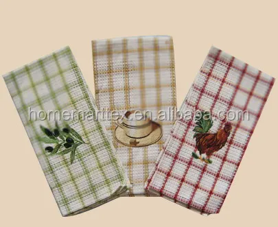 
yarn dye waffle weaving kitchen tea towel with embroidery 