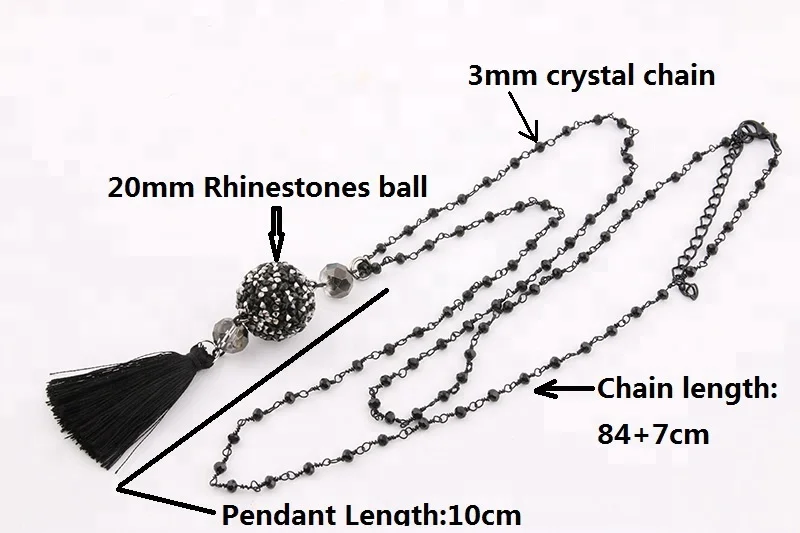 
NeeFu WoFu Pendant Necklaces Big 20mm Rhinestone Ball Necklace Handmade 2mm Black Crystal Wrapped Beaded Bohemian Tassel Long Ne 