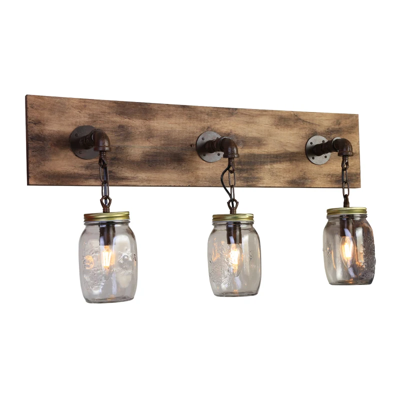 Artistic attic style wooden transparent glass bottle three head wall lamp for home decoration