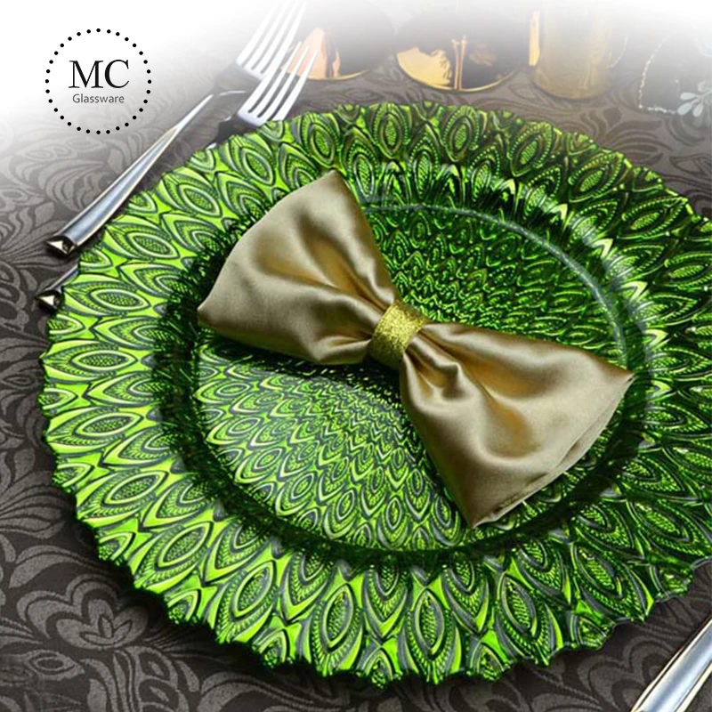 Fancy glass silver peacock charger plates decoration for wedding