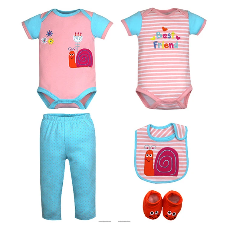 5 in 1 newborn baby clothing set summer baby short sleeve romper matching with long pants&shoes&bibs