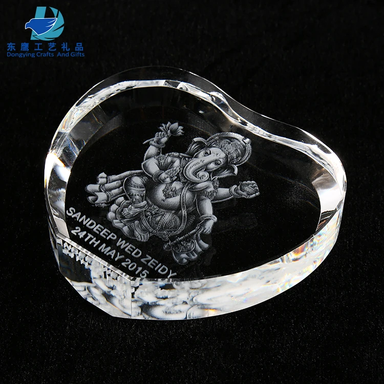 High Quality Heart Shape K9 Crystal 3D Laser Ganesha Crystal Figures