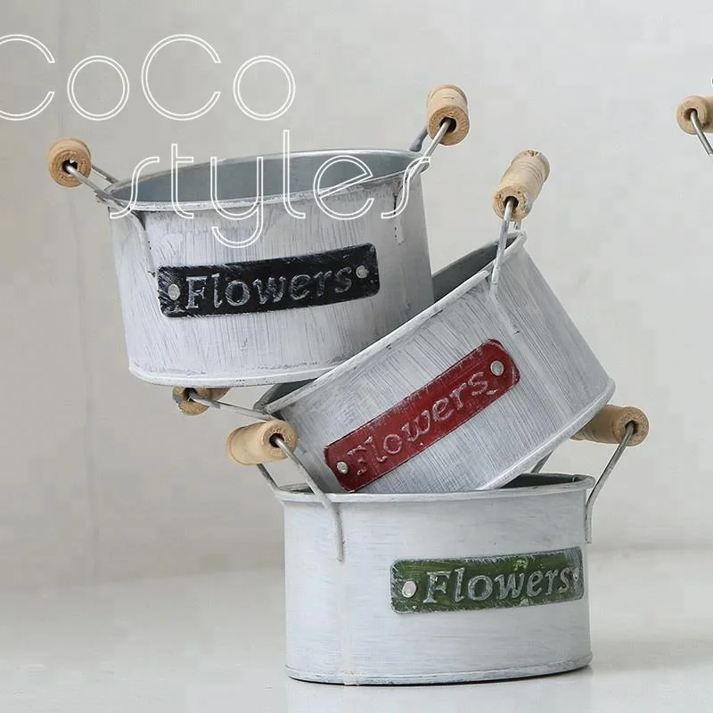 Cocostyles personalized blank art style round iron bucket welcome gift box with wooden handle for creative wedding party events