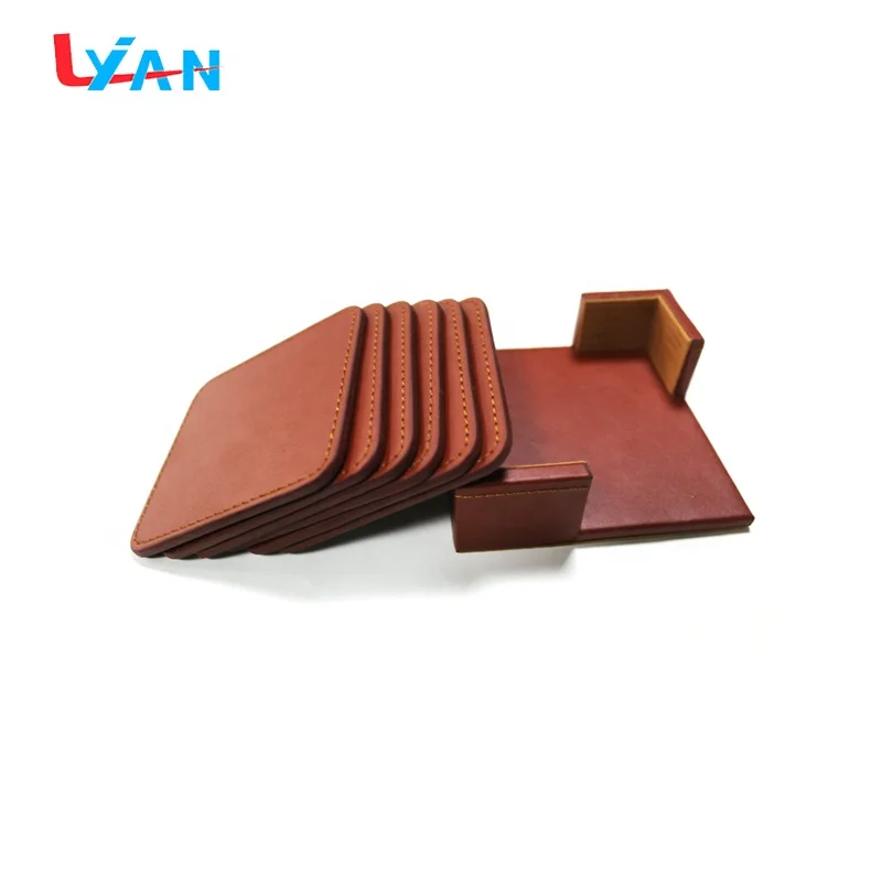 6 Pcs Square Pu Double-deck Leather Coasters Set Placemat of Cup with Coaster Holder