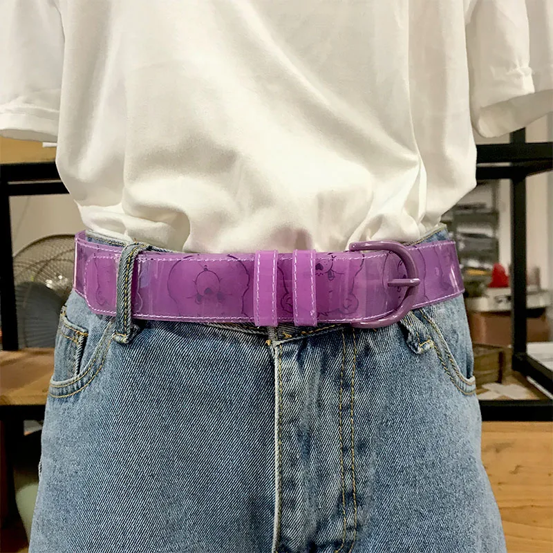 
factory new designer fashion PVC transparent printed purple woman belt lady belt kids cartoon cute plastic belt 