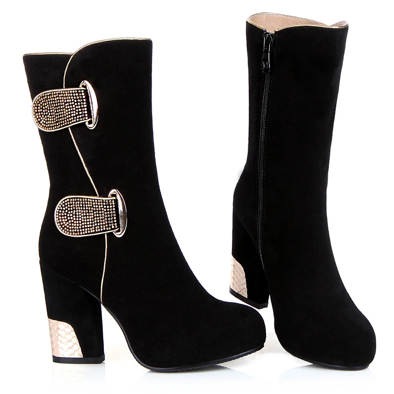 Factory E193 Cow Suede Half Boots Plus Size Square Heel Women Shoes