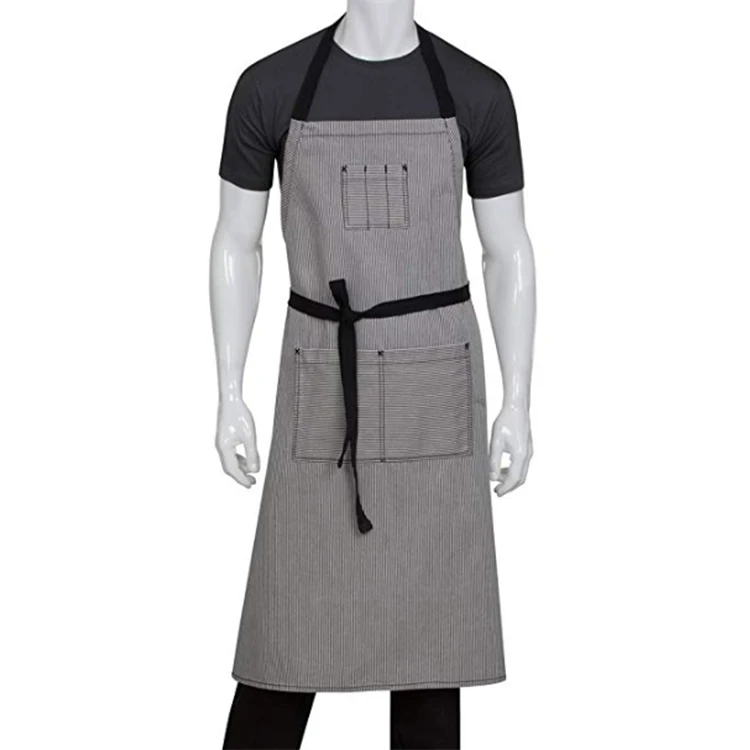 Striped Catering Pinafore Canvas Chef Bib Apron With Adjustable Straps For Kitchen