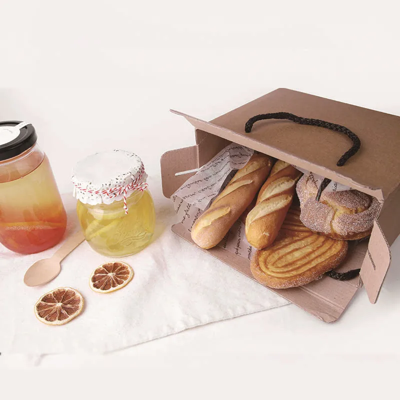 Custom Food Product Kraft Paper Packaging Corrugated Cardboard Wine Carton Gift tea and french bread unique Box With rope Handle
