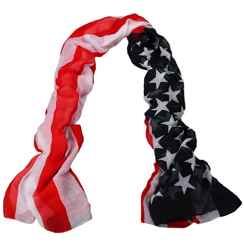 Wholesale Promotional Newest Fashion 100%polyester American Flag Print Scarf Women Soft Voile Stripes Stars Flag Printed Shawl