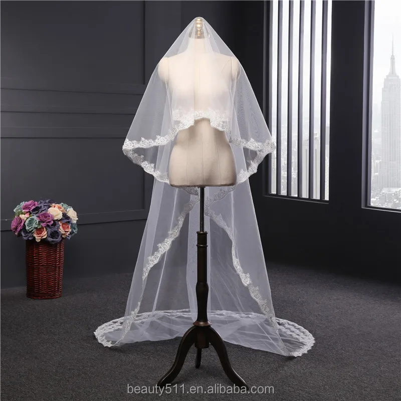 
Wholesale new long lace bridal wedding veil long Tull emboried lace bridal veils 