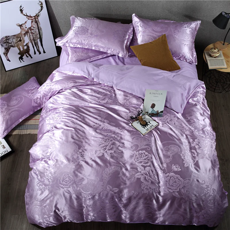 
Home Textile Wholesale Home Textile Satin Jacquard 100% Polyester Silk Plain Quilt Bedding Sheet Set 