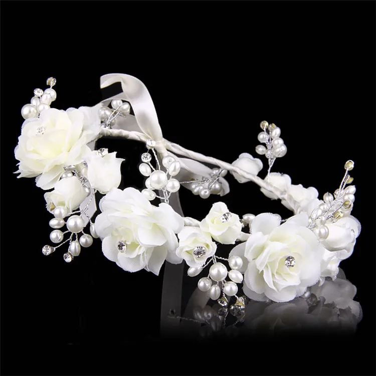Beautiful bride hair crown artificial flower hair garland with pearl white