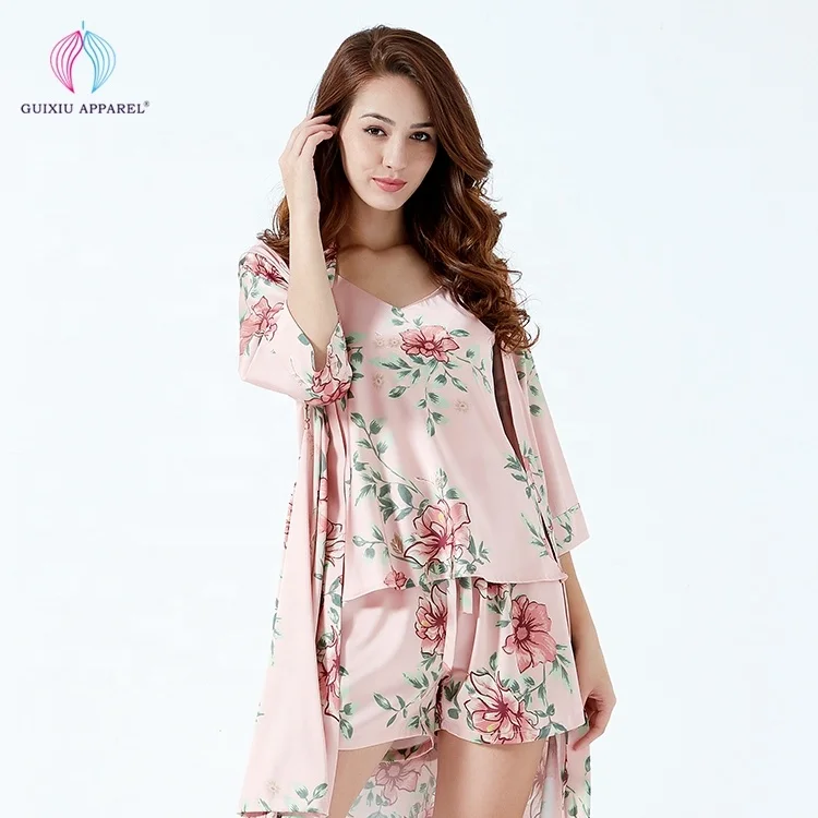 Floral Printed Silk Robes Women Satin Kimono Pajamas
