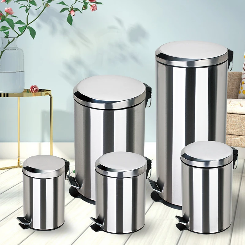 Stainless Steel Anti-finger Round Shape Dust Bin Step Foot Pedal Bin Waste Garbage Bin Trash Can For Hands Free Lid Opening