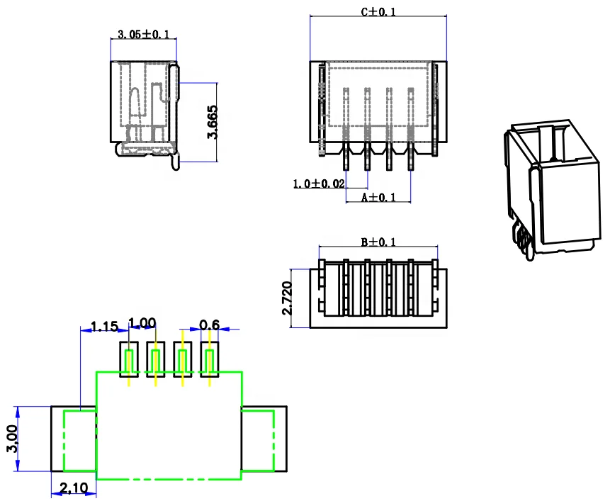 
SH1.0 wafer connector 6P SMT 