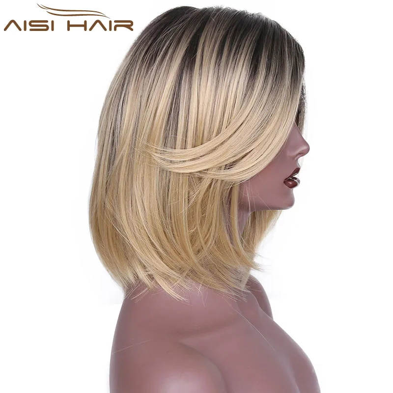 Aisi Hair The Best Selling Short Straight Bob Wigs For Black Women Synthetic Black Blonde Ombre Two Tone Color Hair Wig