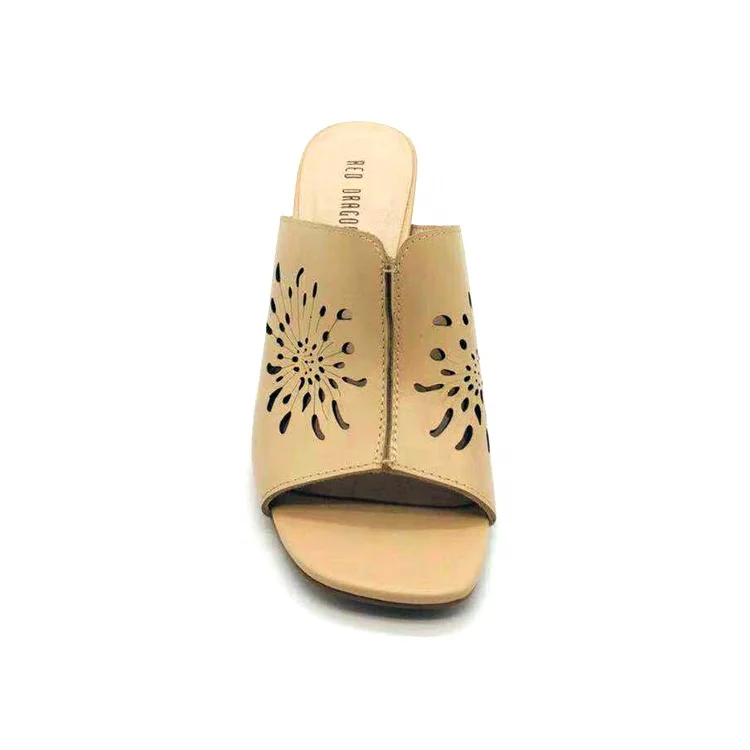 Wholesale Fashion High Heel Leather Slippers for Ladies Summer Chrysanthemum Hollow Design Anti-Slip Breathable Disposable