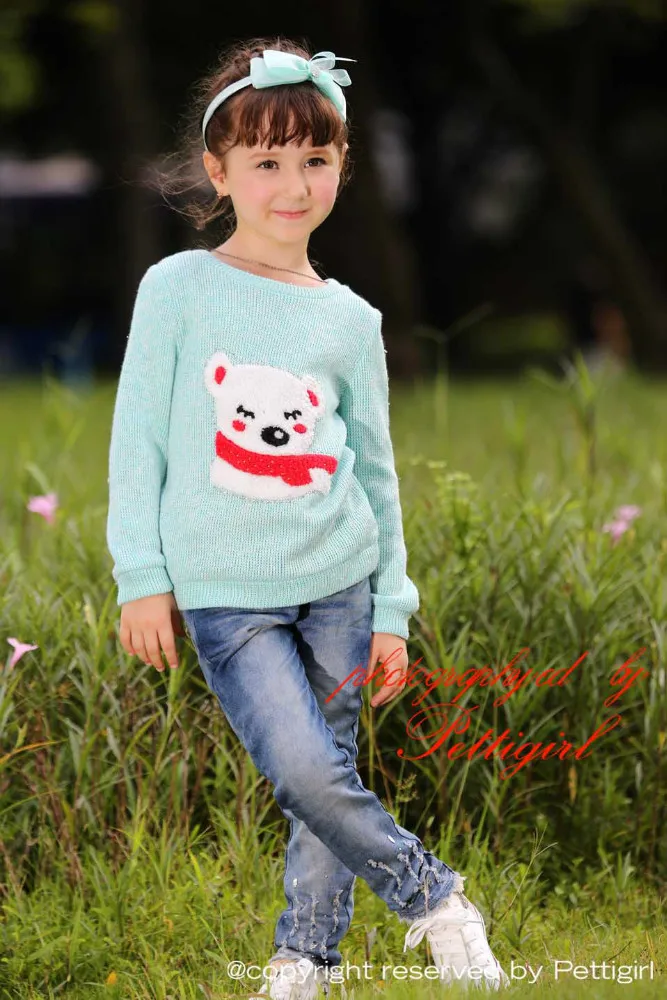 Pettigirl новинки осень 2015 голубой свитер с длинными рукавами для девочки и украшенный мишкой детская одежда 3-8