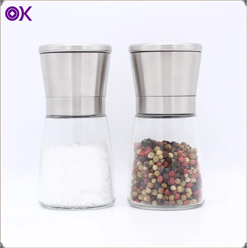 glass bottle salt and pepper mill grinder set with stainless steel cover and metal stand