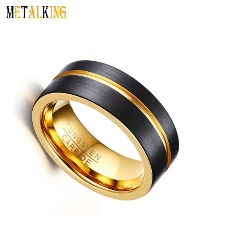 
Gold and Black Tungsten Wedding Band Two Tone Grooved Flat Brushed Finished 8mm Comfort Fit 