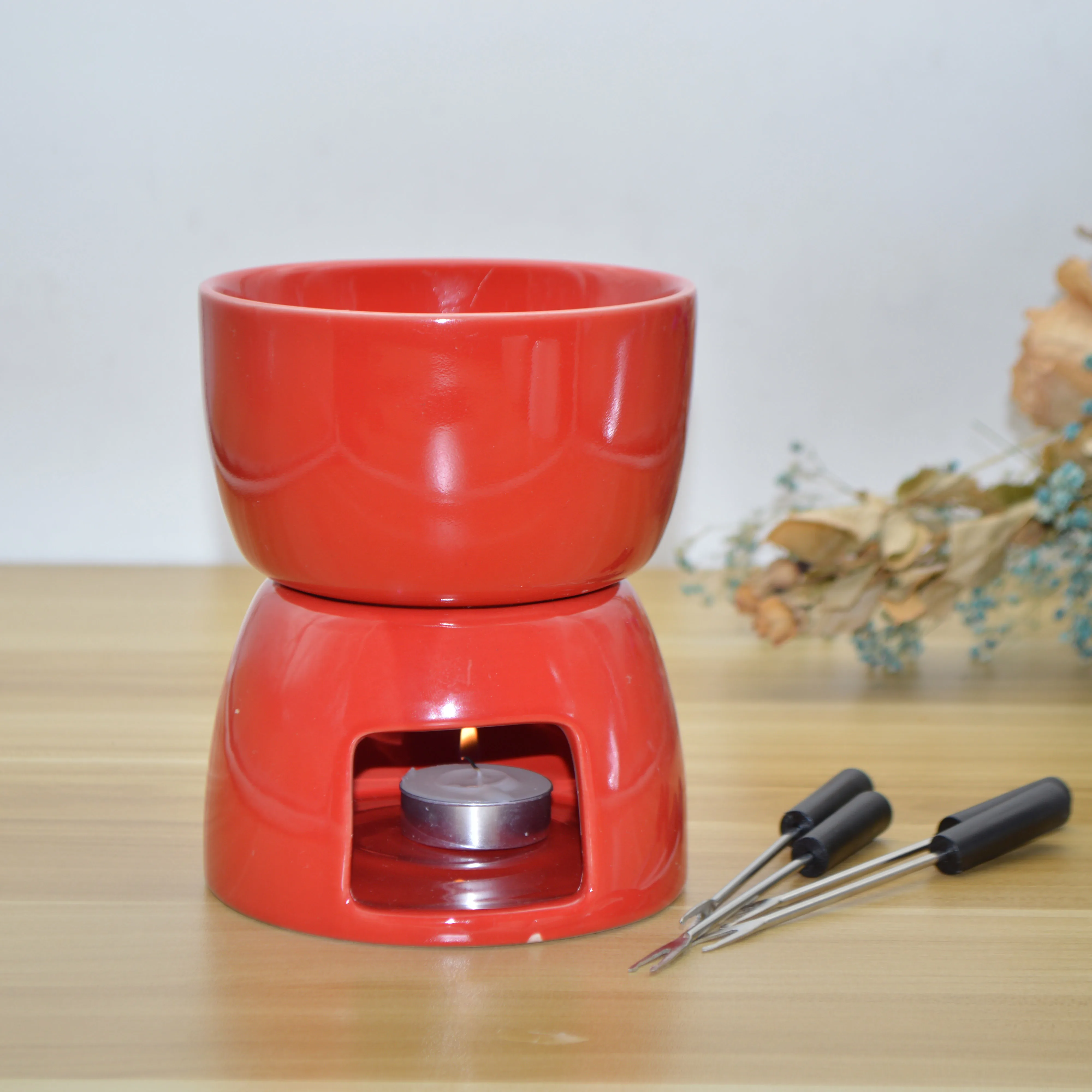 High Quality Red Porcelain Ceramic Fondue Pot Set, ceramic chocolate dipping pot set
