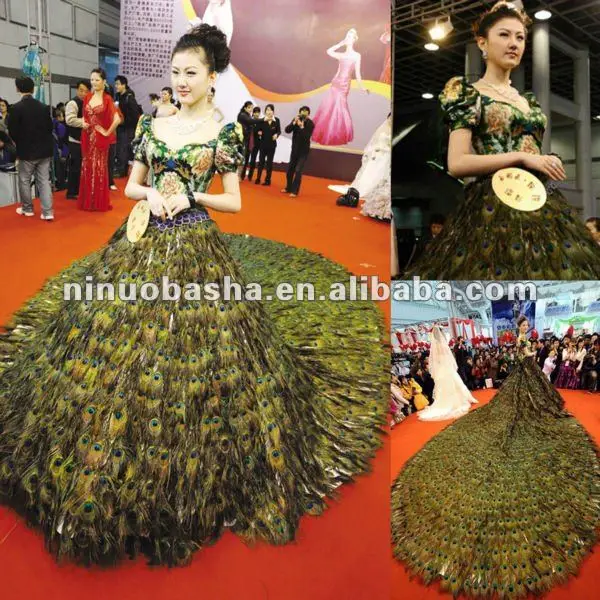 NW260 Noble Boutique Embroidery Bodice with Stunning Peacock Feather Skirt Wedding Dress