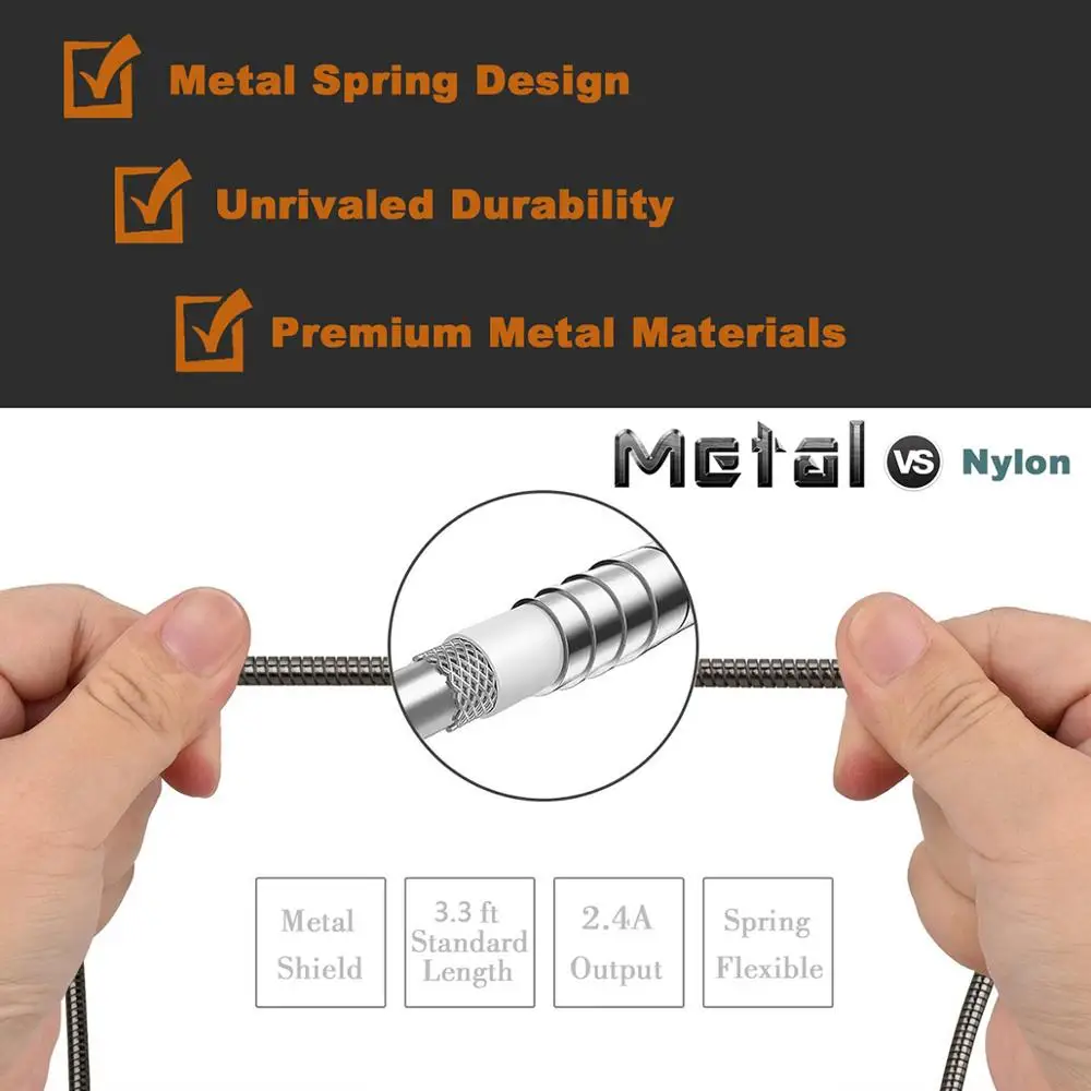 Wholesale Flexible Spring Metal Braided Android Micro USB Data Cable Zinc Alloy Fast Charge Type C Mobile Phone Charging Cable