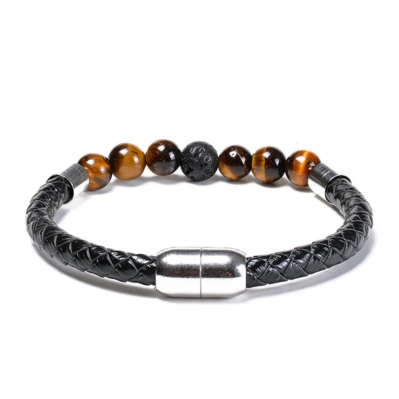 Wholesale Cheap Tiger Eye Stone Beads Bracelet Brown Genuine Leather Bracelets For Men Women