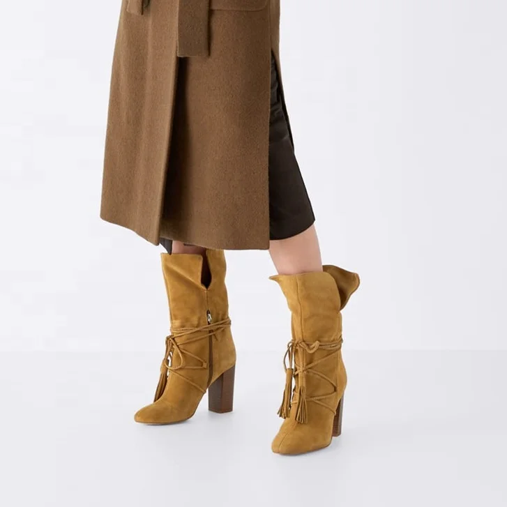 
MANRINO-0299 Tan Color Tassel Decor Womens Zipper Up Block High Heel Combat Desert Boots 2019 Fashion Trends 