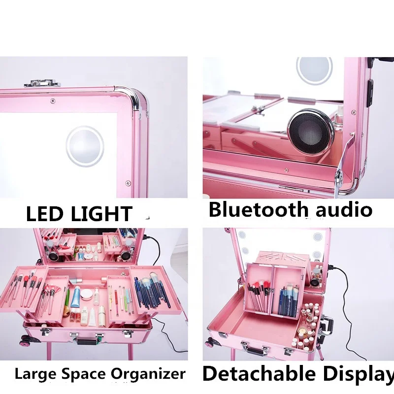Melason Wholesale LED Lighted Mirror Makeup Artist Trolley Storage Cosmetic Case With Audio Organizer