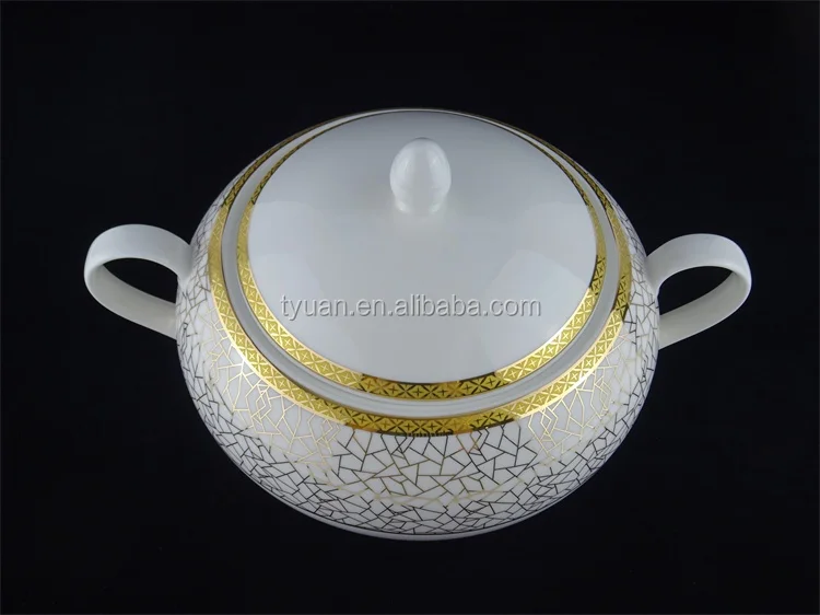  bone china gold geometric printed soup tureen bowls with