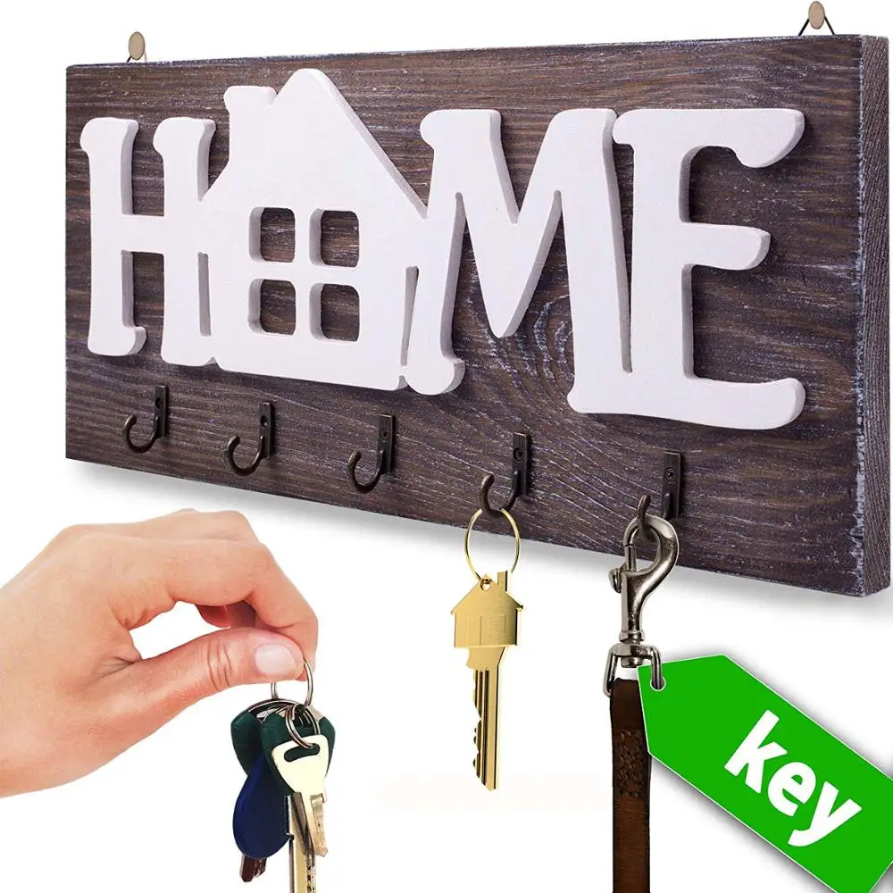 Key Holder for Wall  Home  Natural Wood | Decorative Key Hooks Ring Holder w/ 5 Hooks, Rustic House Holder for Living Area, Ki