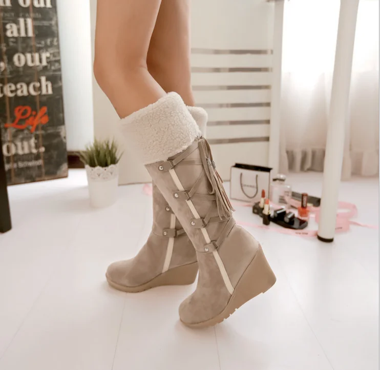 Winter lace up with tassel high women thigh high boots for ladies heel wedge snow boots