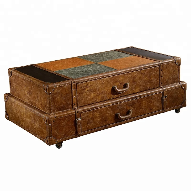 Living Room Mirrored Surface Vintage Tufted Genuine Leather Ottoman Coffee Table